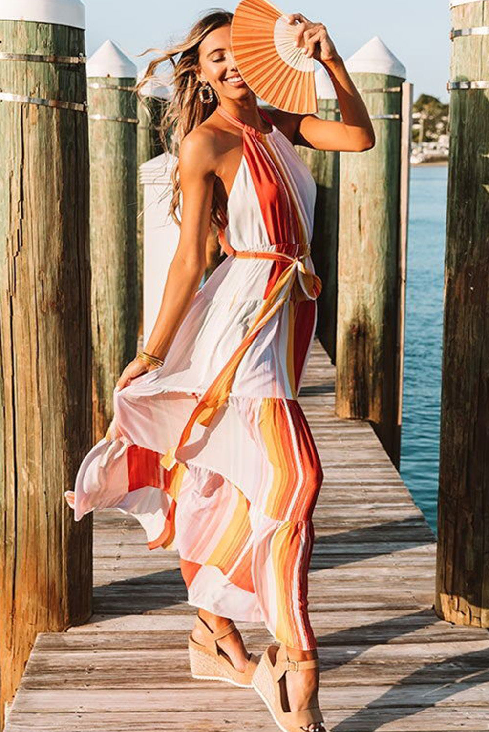 Multicolor Color Block Pleated Halter Neck Backless Maxi Dress - Multicolor / (US 12-14)L Multicolor Color Block Pleated Halter Neck Backless Maxi Dress - Multicolor / (US 12-14)L
