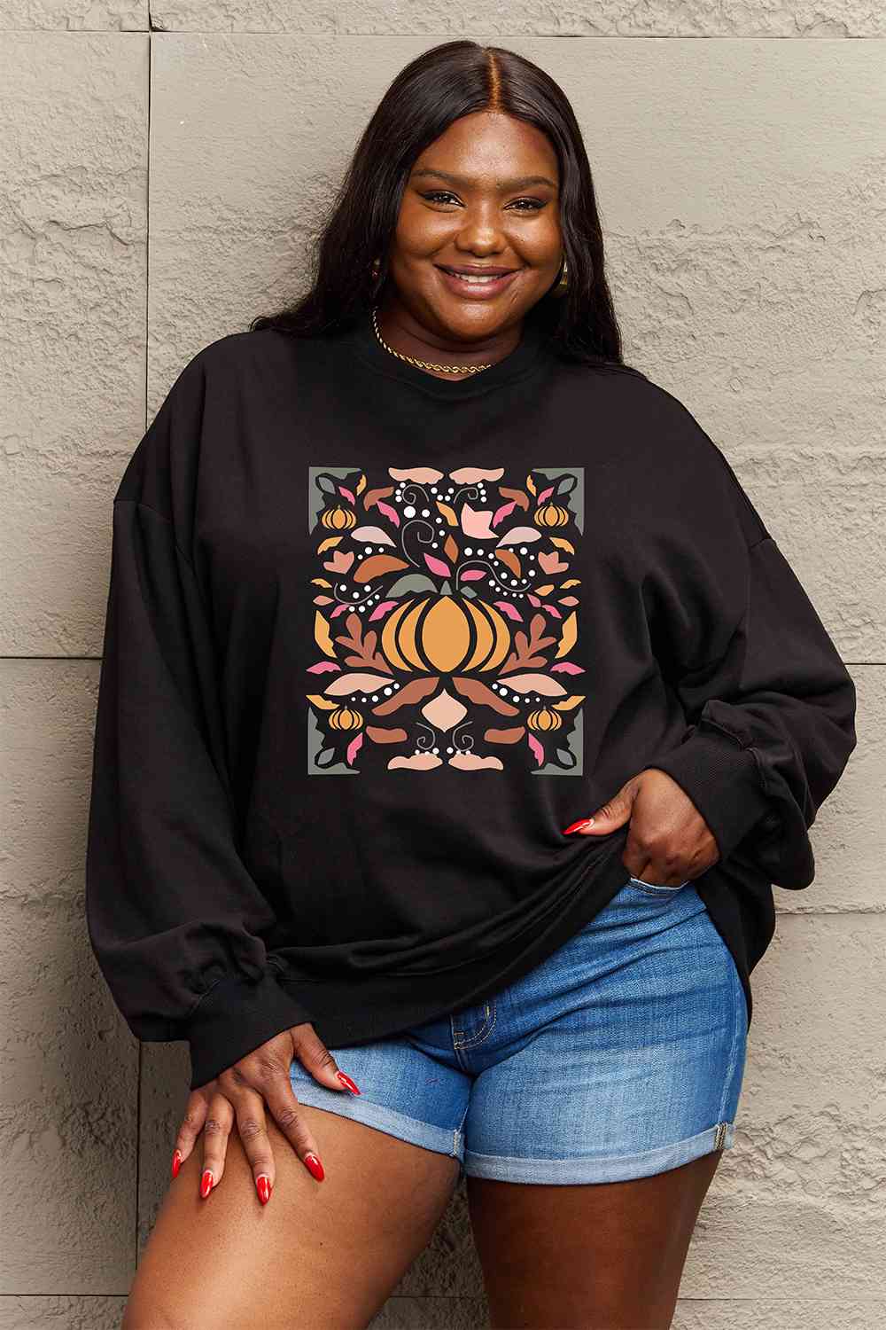 Simply Love Full Size Graphic Dropped Shoulder Sweatshirt-Street 360-Black-S-Urbanheer