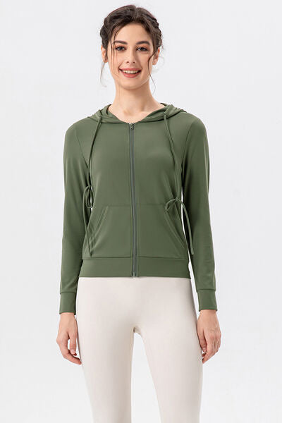 Drawstring Zip Up Hooded Active Outerwear-Street 360-Matcha Green-S-Urbanheer
