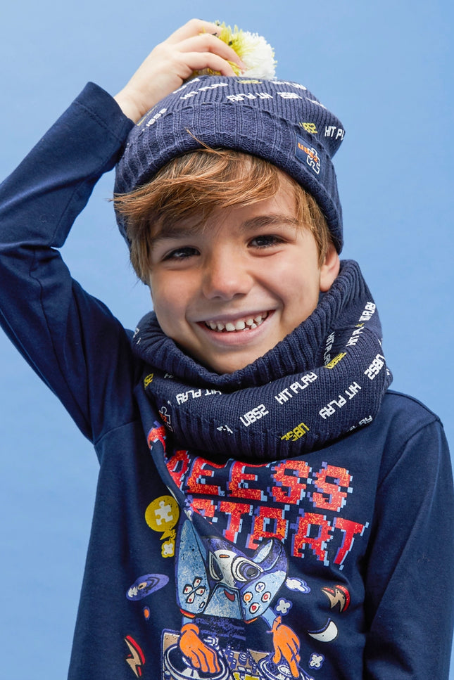 Navy Blue Boy'S Hat With Print And Tassel