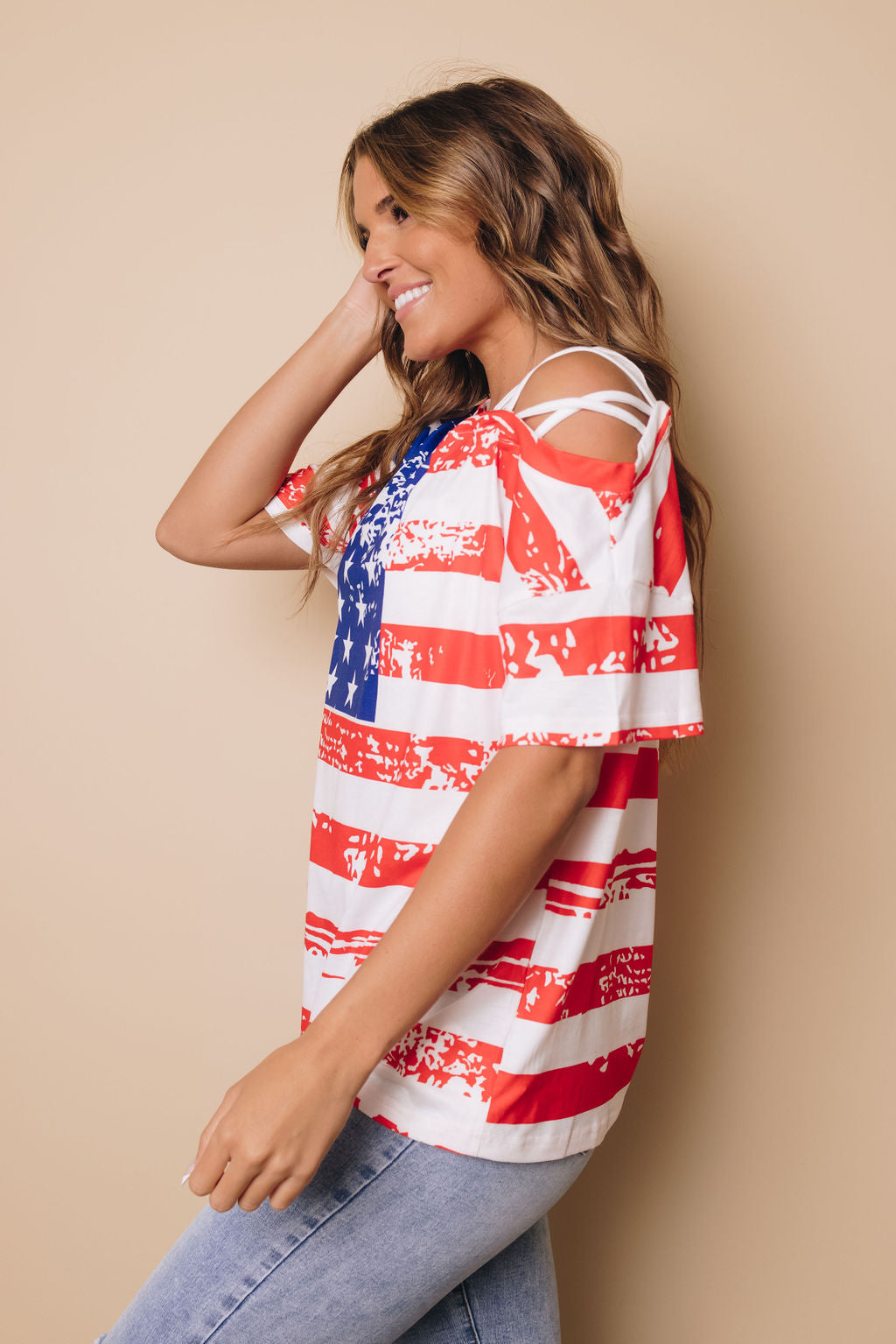 Sesaly American Flag Cold Shoulder Tee-UHXSW-SMALL-Urbanheer
