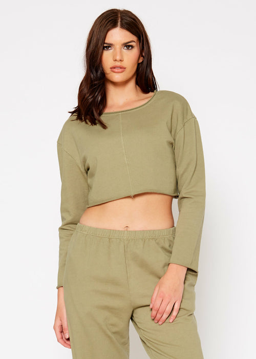 Cropped Scoop Neck Terry Sweatshirt In Olive-Lemon Hera-L-Urbanheer