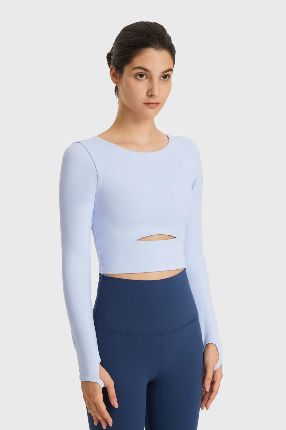 Cutout Long Sleeve Cropped Sports Top-Street 360-Blue-4-Urbanheer