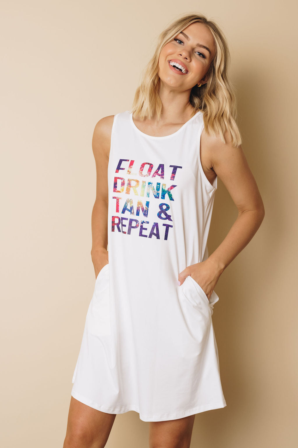 Float Drink Tan & Repeat Sleeveless Mini Dress-UHXSW-SMALL-Urbanheer