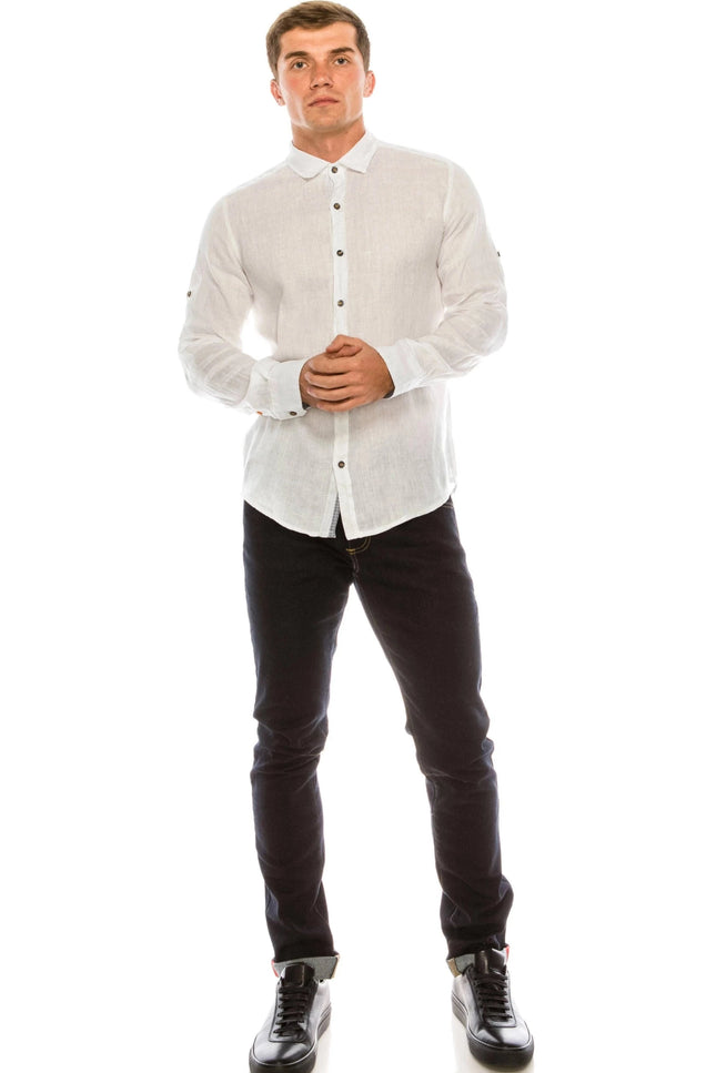 Italian Collar Fitted Button Down Linen Shirt - White-Ron Tomson-Urbanheer