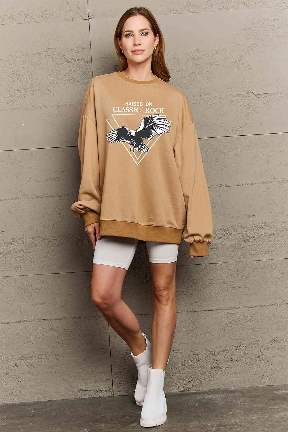 Simply Love Full Size Eagle Graphic Drop Shoulder Sweatshirt-Street 360-Khaki-S-Urbanheer