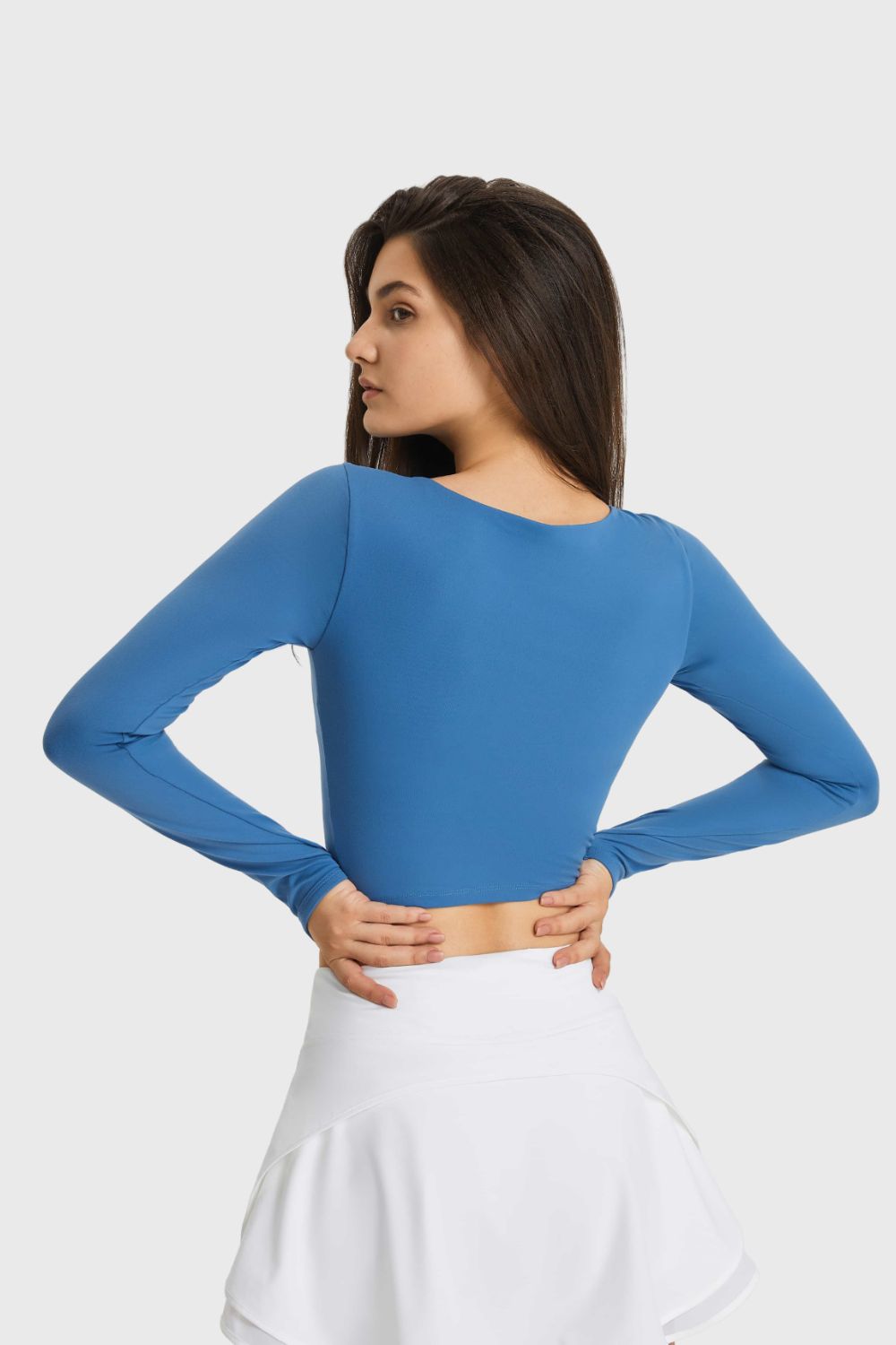 Cutout Long Sleeve Cropped Sports Top-Street 360-Blue-4-Urbanheer
