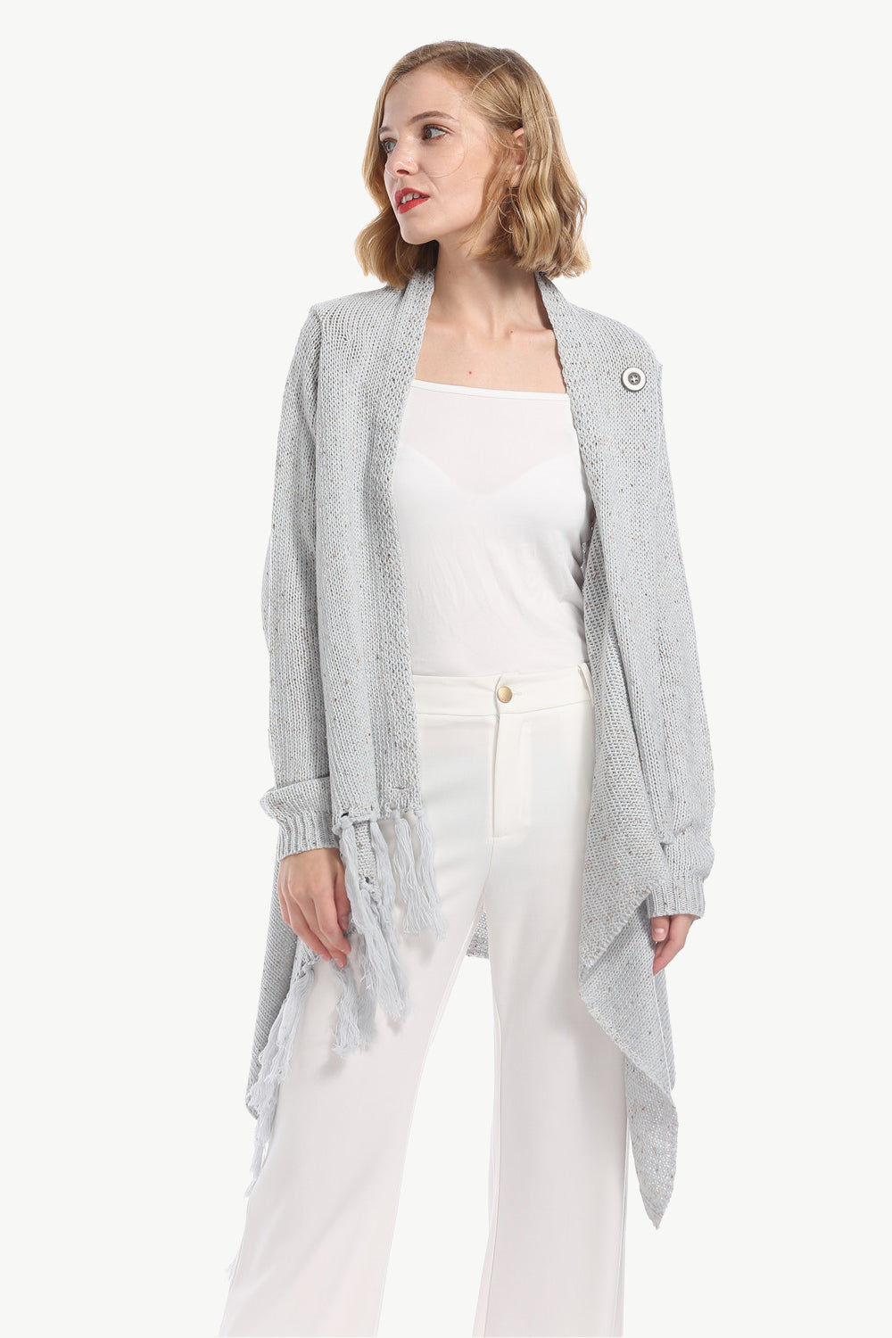 One-Button Tassel Tie Asymmetrical Hem Cardigan-Street 360-Dark Gray-S-Urbanheer