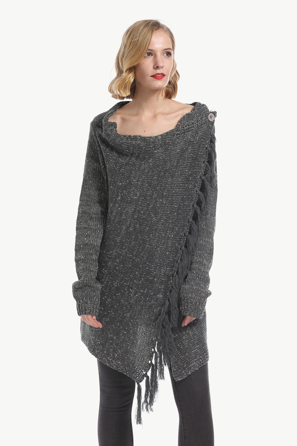 One-Button Tassel Tie Asymmetrical Hem Cardigan-Street 360-Dark Gray-S-Urbanheer