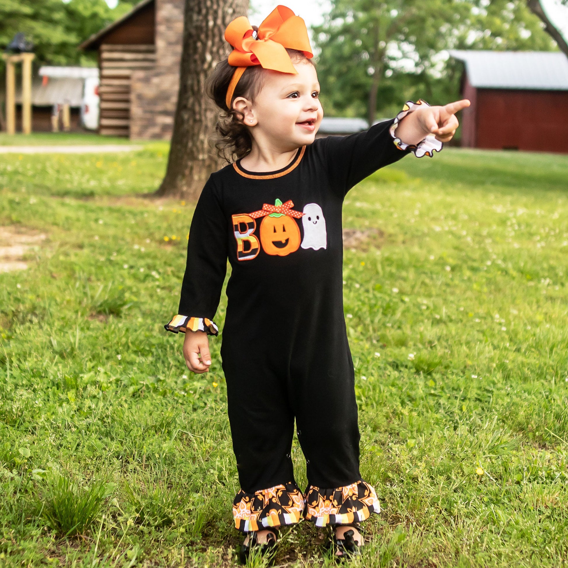 AnnLoren Baby Girls Black & Orange Pumpkin Boo Halloween Autumn Holiday Romper-AnnLoren-6-12 Mo-Urbanheer