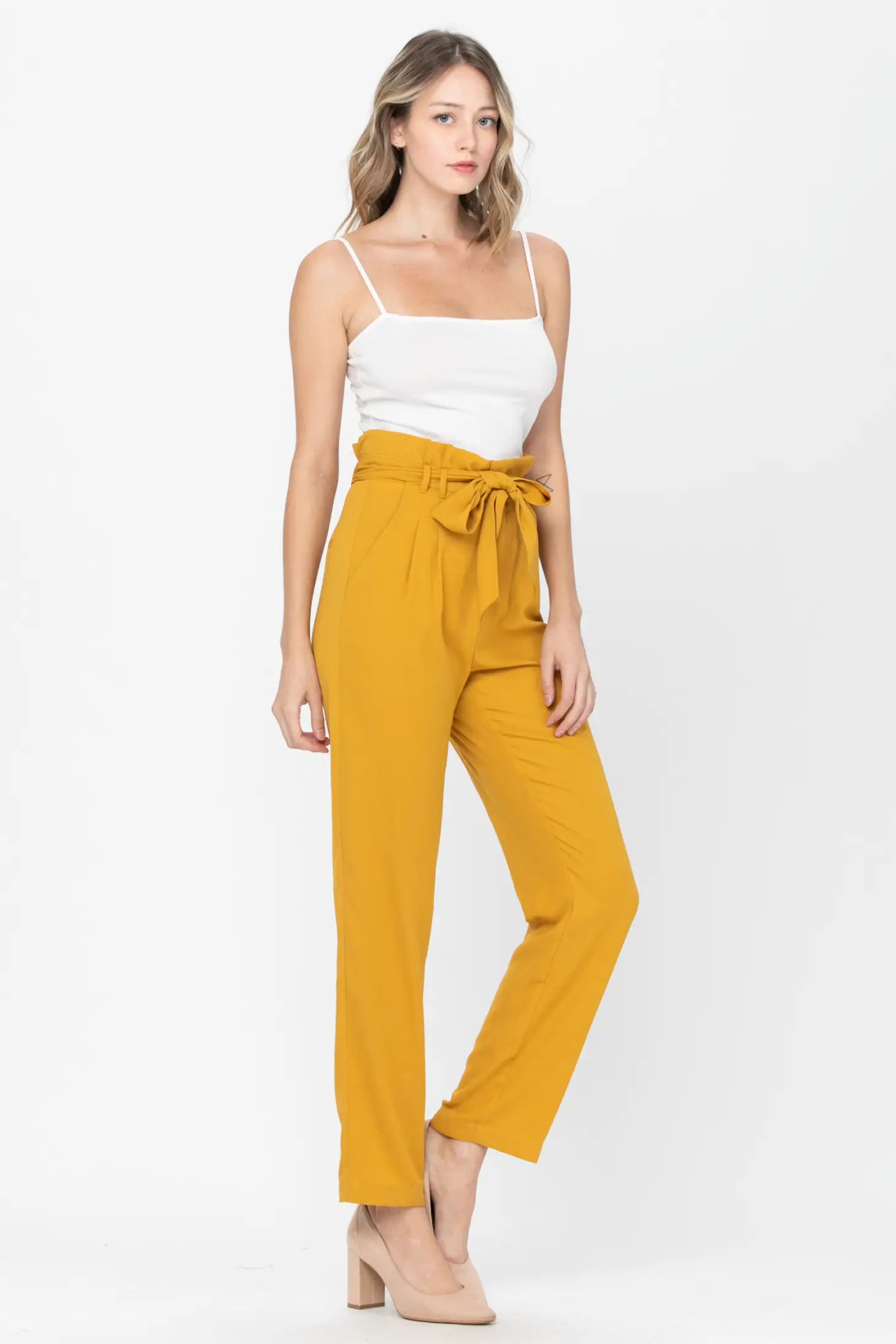 Belted Detail Straight Pants - Mustard-Neon Blush-S-Urbanheer