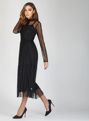 Roman Lola Midi Dress - Black on Black Polka-Lace & Beads-14-Urbanheer