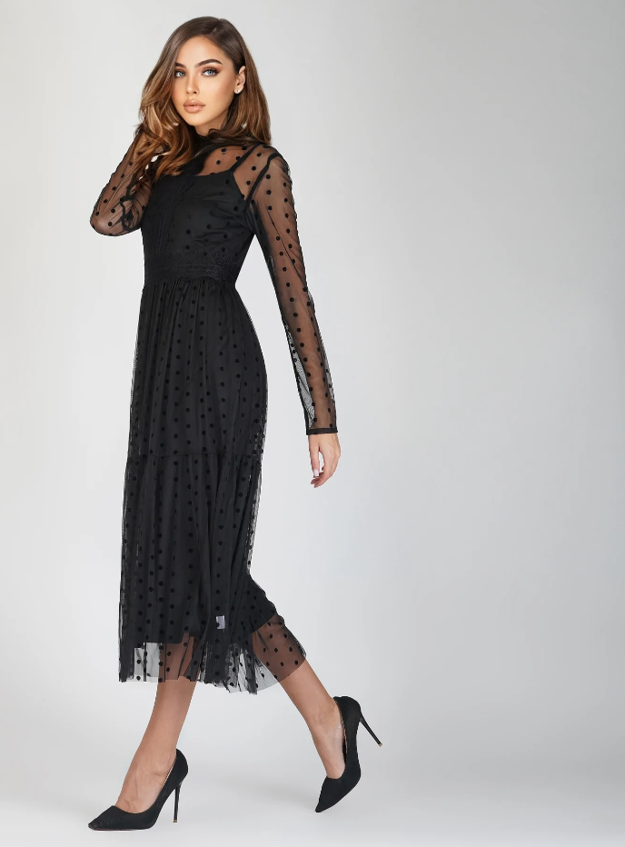 Roman Lola Midi Dress - Black on Black Polka-Lace & Beads-14-Urbanheer