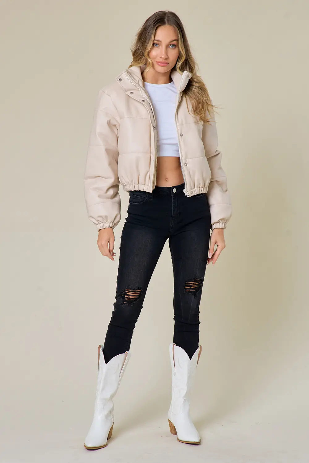 Cream Leather Puffer Jacket-Saints & Hearts-S-Urbanheer