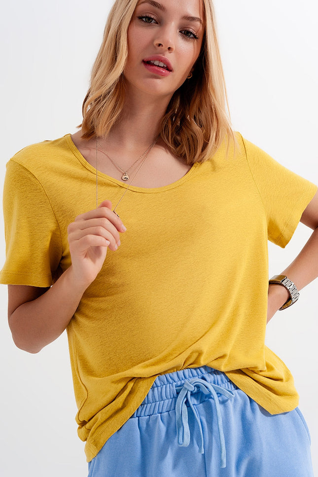 Linen Mix Scoop Front T-Shirt In Yellow