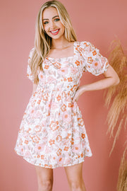 Floral Tie-Back Puff Sleeve Dress-Street 360-Blush Pink-S-Urbanheer