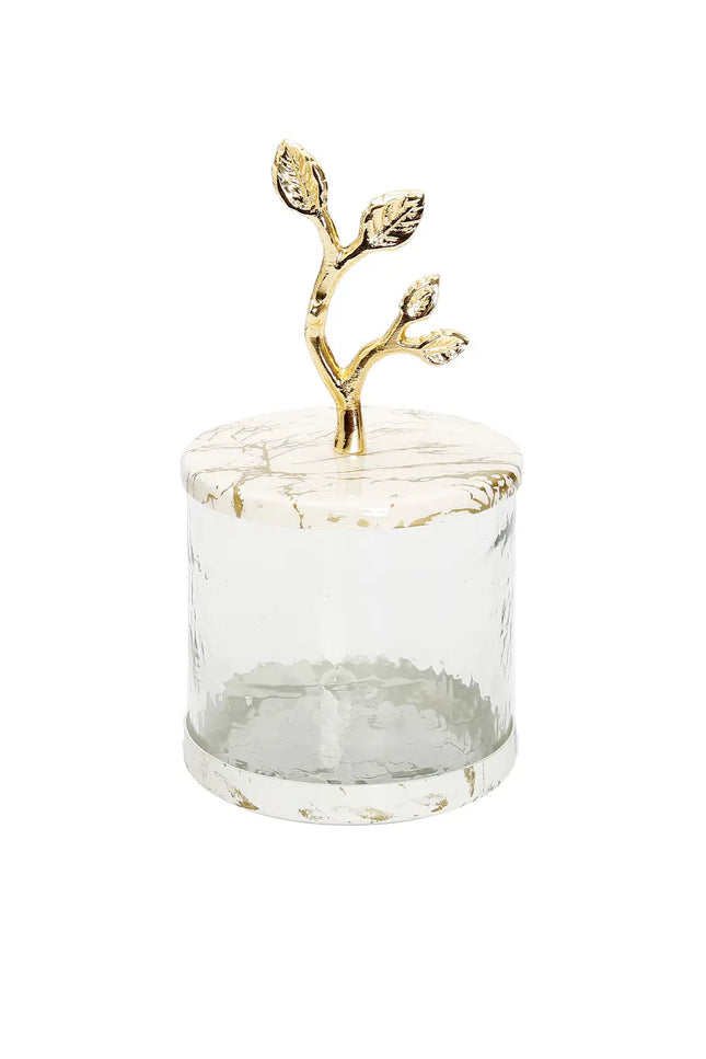 Glass Canister With White/Gold Marble Lid And Leaf Handle-CLASSIC TOUCH DECOR INC.-Urbanheer