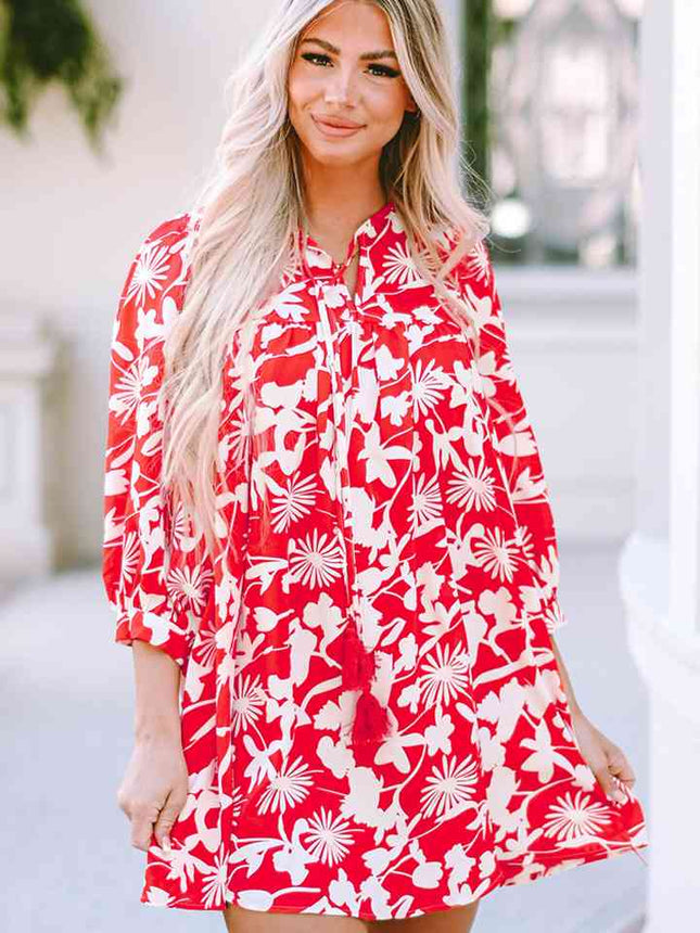 Floral Print Notched Neck Mini Dress-UHX-Red-S-Urbanheer
