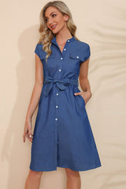 Button Down Belted Denim Dress-Street 360-Royal Blue-S-Urbanheer