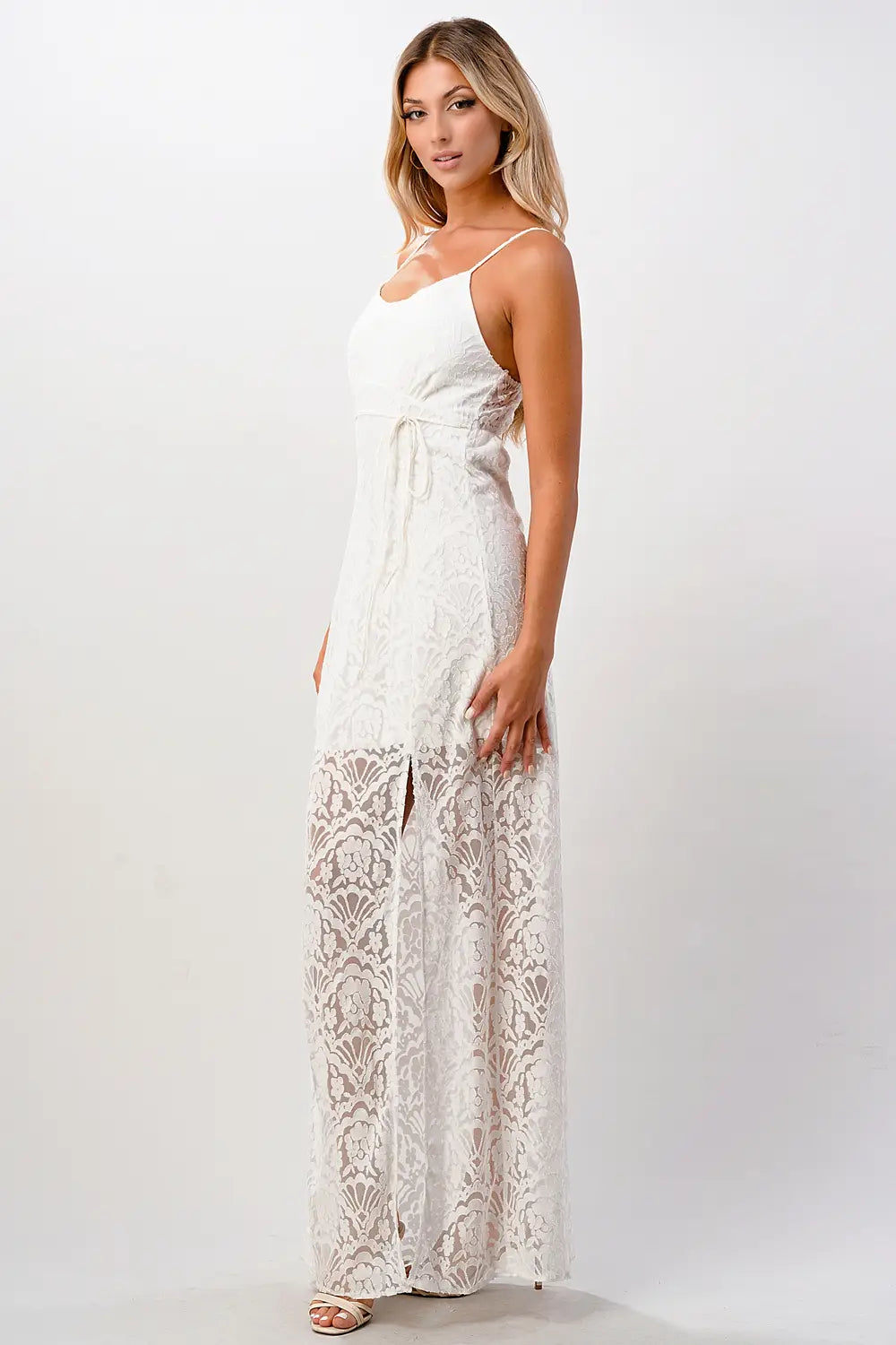 Front Slit Lace Maxi Dress - White-MILEY + MOLLY-S-White-Urbanheer