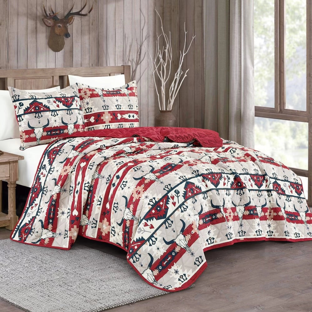 Southwest Cow Horn Skull Quilt Bedding Set - 3 Piece Set-Linen Mart-King-Urbanheer