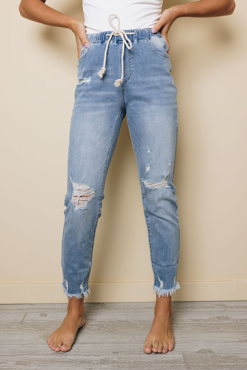 Salma Elastic Waist Distressed Jeans-UHXSW-LIGHT BLUE-SMALL-Urbanheer