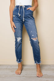 Salma Elastic Waist Distressed Jeans-UHXSW-DARK BLUE-SMALL-Urbanheer