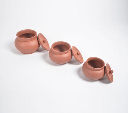 Terracotta Pottery Classic Hotpots With Lids (Set Of 3)-Qalara-Urbanheer