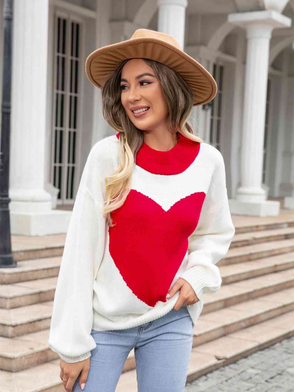 Heart Graphic Round Neck Sweater-Street 360-Deep Red-S-Urbanheer