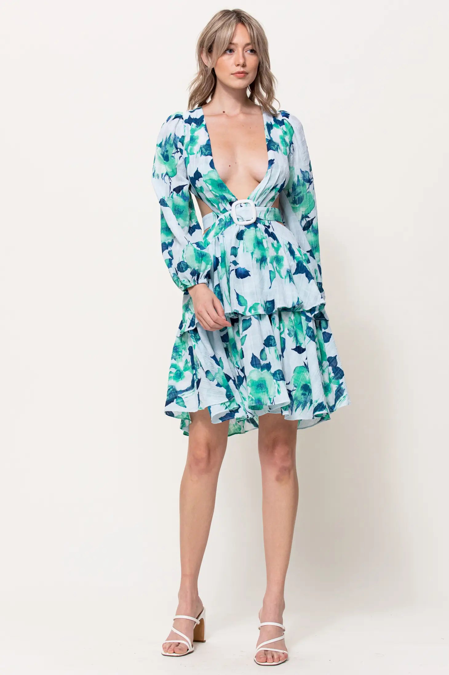 Front Buckle Detail Cut Out Mini Dress-Neon Blush-S-Green-Urbanheer