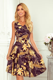 Numoco 114-13 Flared Dress - Heart-Shaped Neckline - Golden Leaves-numoco-Golden Leaves-S-Urbanheer