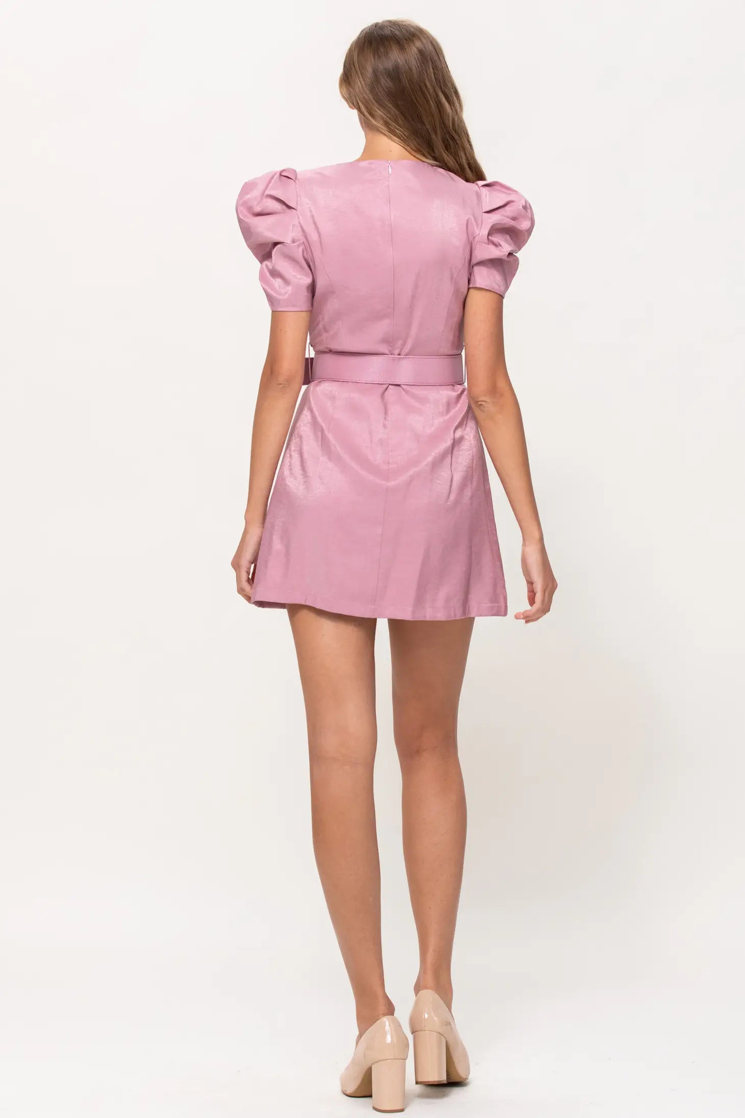 Bubble Sleeve Belted Mini Dress - Pink-Neon Blush-S-Urbanheer