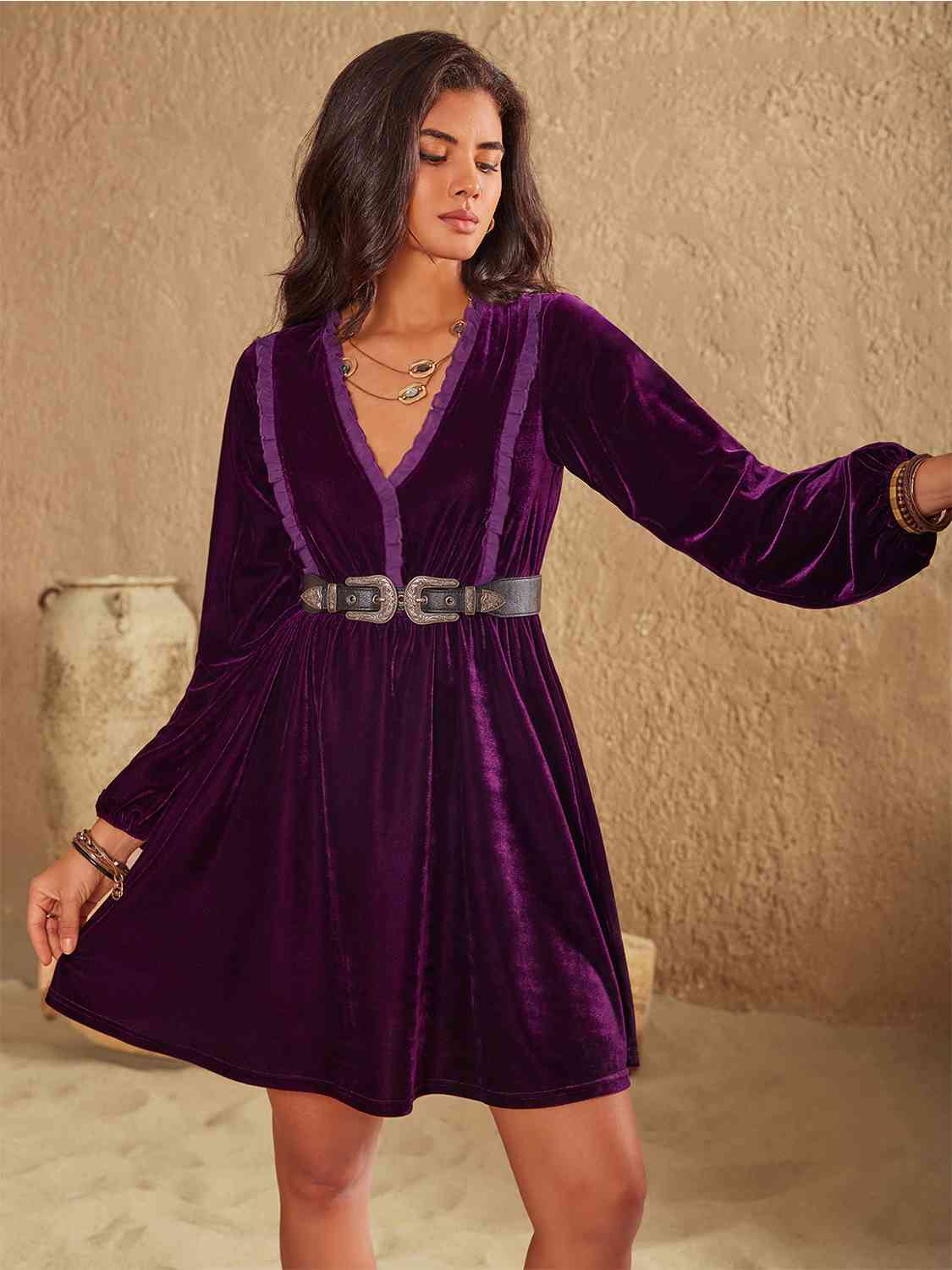 Ruffled V-Neck Long Sleeve Dress-Street 360-Plum-S-Urbanheer