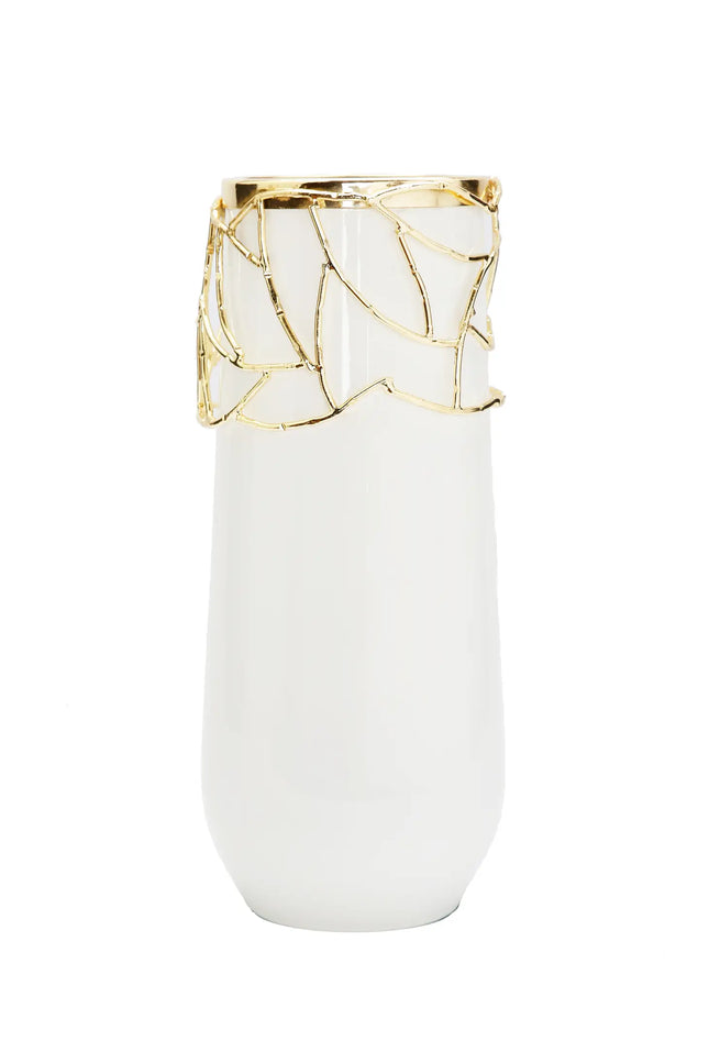 13"H White Glass Vase Gold Mesh Design-CLASSIC TOUCH DECOR INC.-Urbanheer