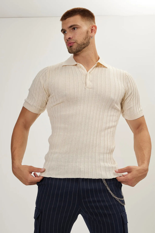 Rt Ribbed Men'S Polo T-Shirt - Beige-Clothing - Men-Ron Tomson-Urbanheer