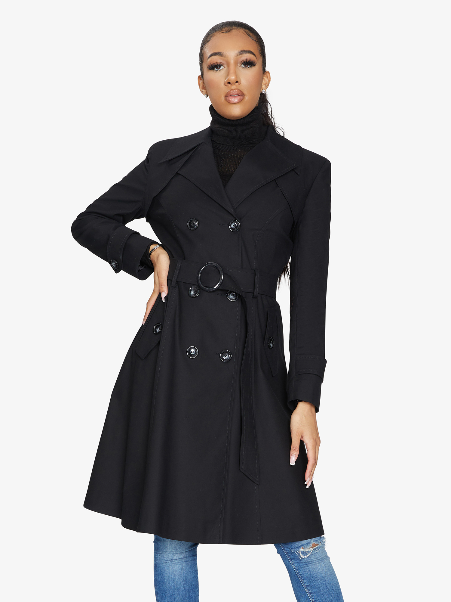 Spring/Summer Double Breasted Trench Mac Coat (1201-SP)-Rose Eleusis-UK 10/EU 38/US 6/S-Black-Urbanheer