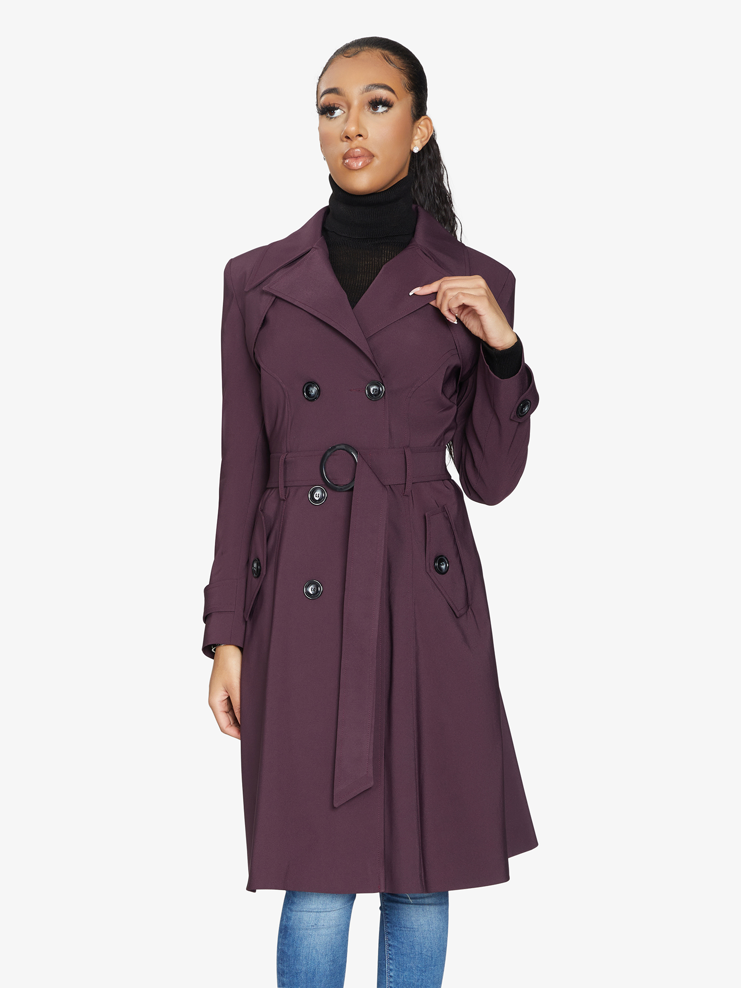 Spring/Summer Double Breasted Trench Mac Coat (1201-SP)-Rose Eleusis-UK 10/EU 38/US 6/S-Black-Urbanheer