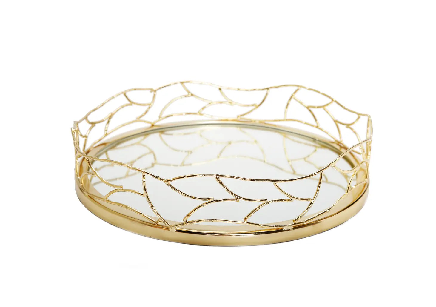 14"D Round Mirror Tray Gold Mesh Design-CLASSIC TOUCH DECOR INC.-Urbanheer