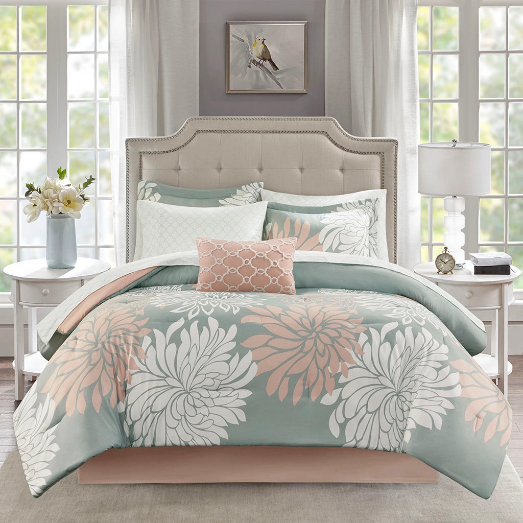 Floral Complete Comforter And Sheet Set, Blush/Grey-Olliix-Twin-Urbanheer