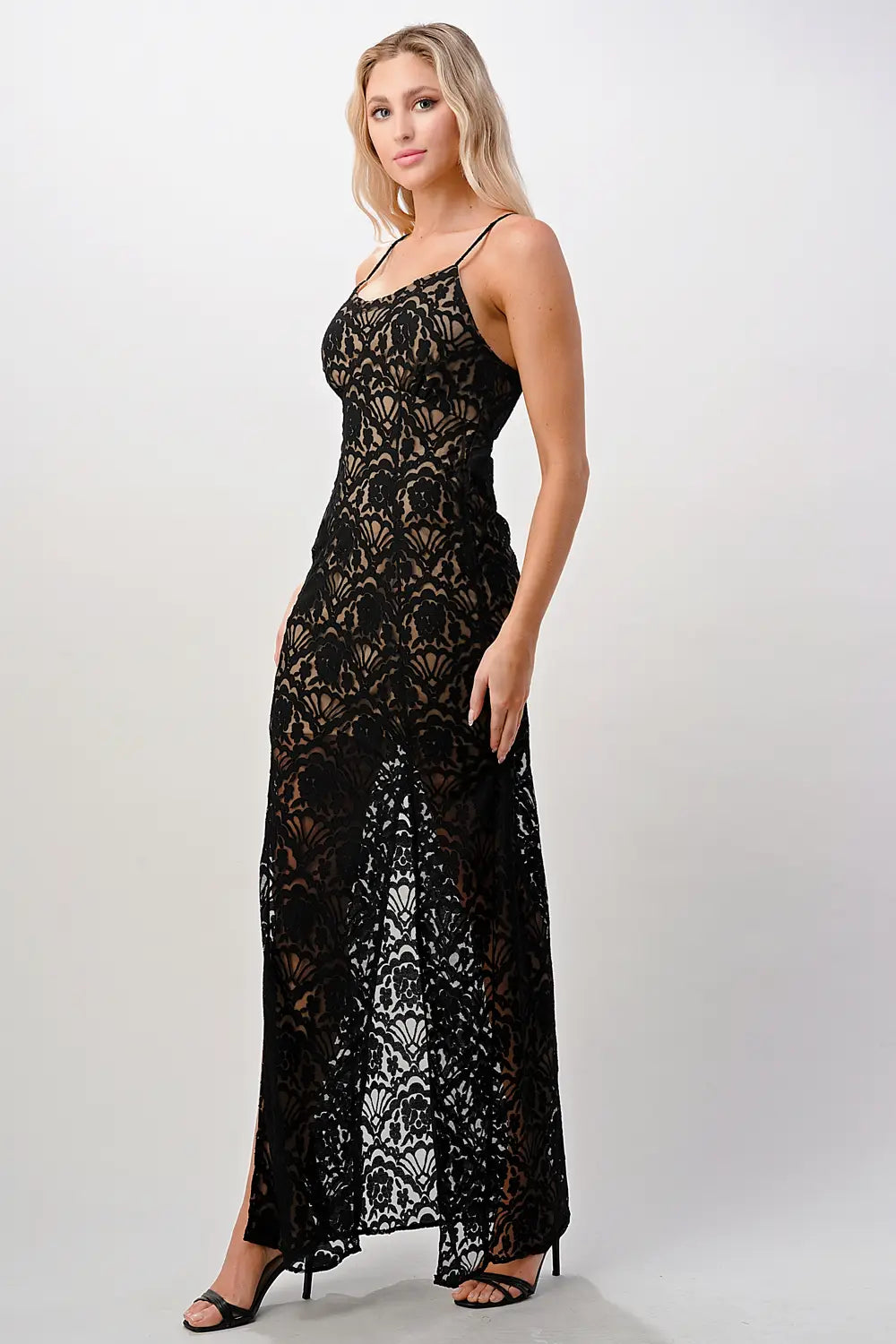 Front Slit Lace Maxi Dress - Black-MILEY + MOLLY-S-White-Urbanheer
