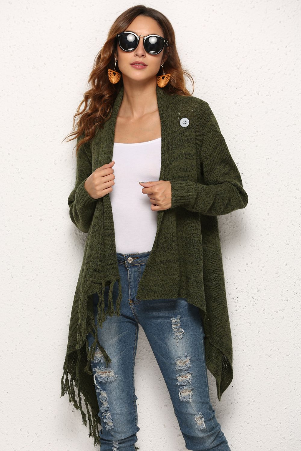 One-Button Tassel Tie Asymmetrical Hem Cardigan-Street 360-Olive-S-Urbanheer