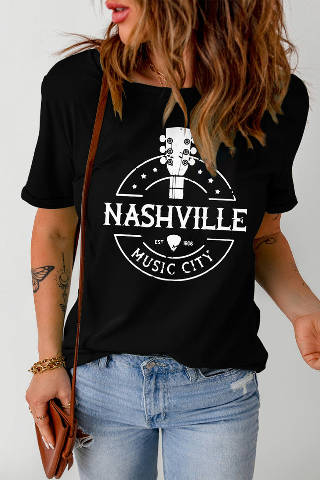 Western NASHVILLE MUSIC CITY Cuffed Graphic Tee Shirt-UHX-Urbanheer