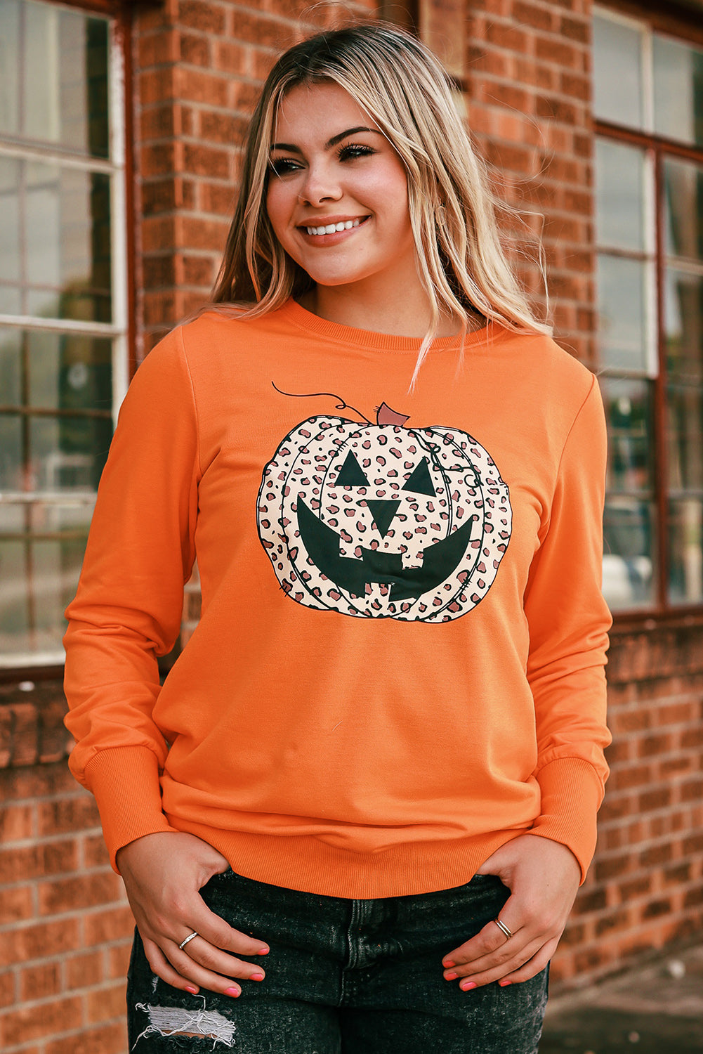 Orange Halloween Leopard Pumpkin Face Sweatshirt-UHXC-Orange-(US 4-6)S-Urbanheer