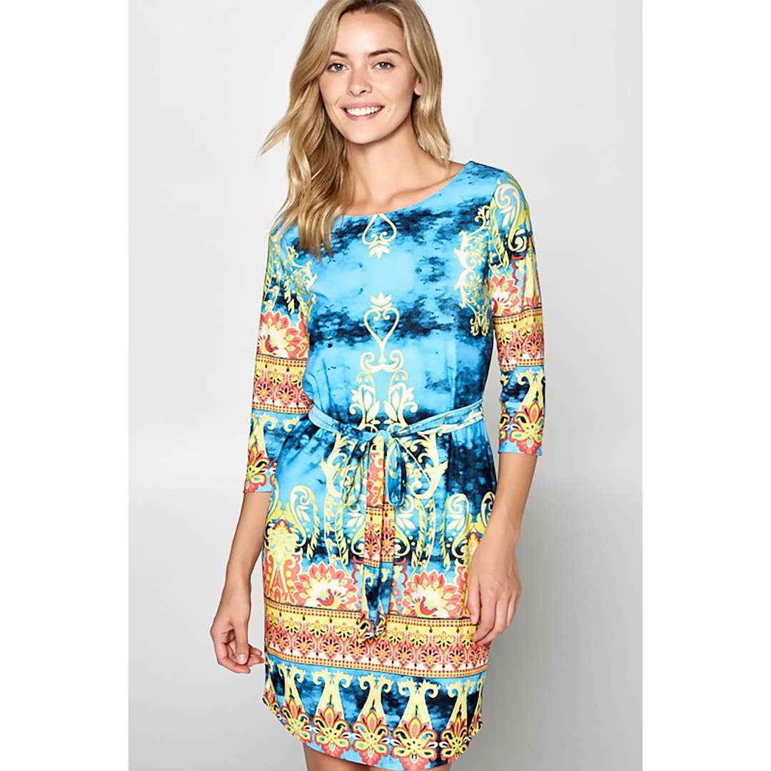 Border Print Dress with Waist Tie-Renee C.-BLUE / SMALL-Urbanheer