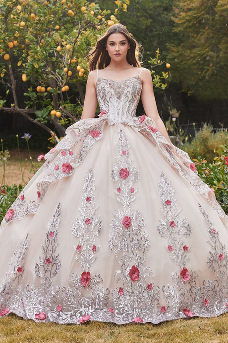 Layered Tulle Quince with foral applique V-neck Laced Open Back Corset Bodice Luxury ball & Prom Dress CD15703-0