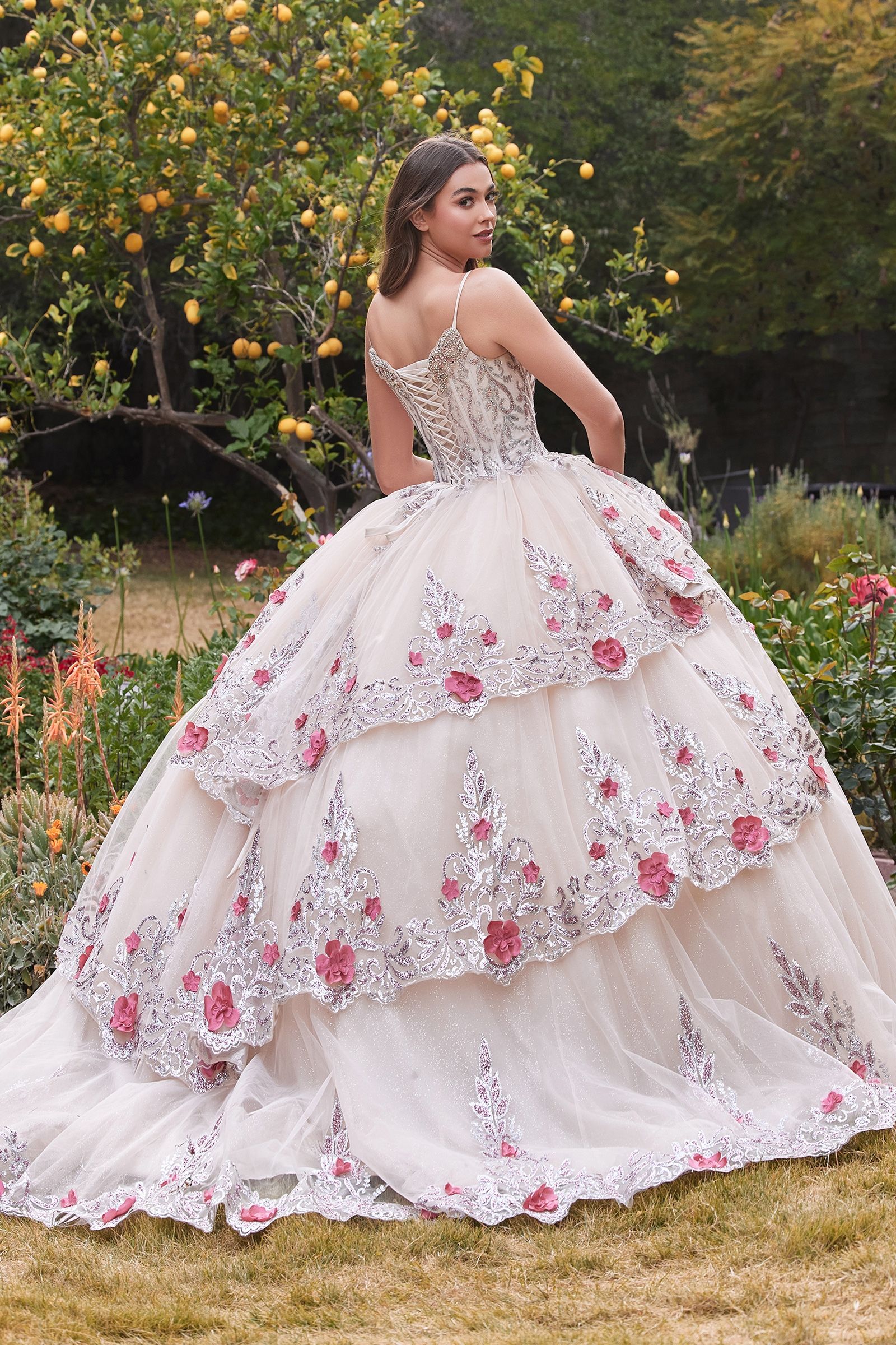 Layered Tulle Quince with foral applique V-neck Laced Open Back Corset Bodice Luxury ball & Prom Dress CD15703-CIND-XS-CHAMPAGNE-Urbanheer