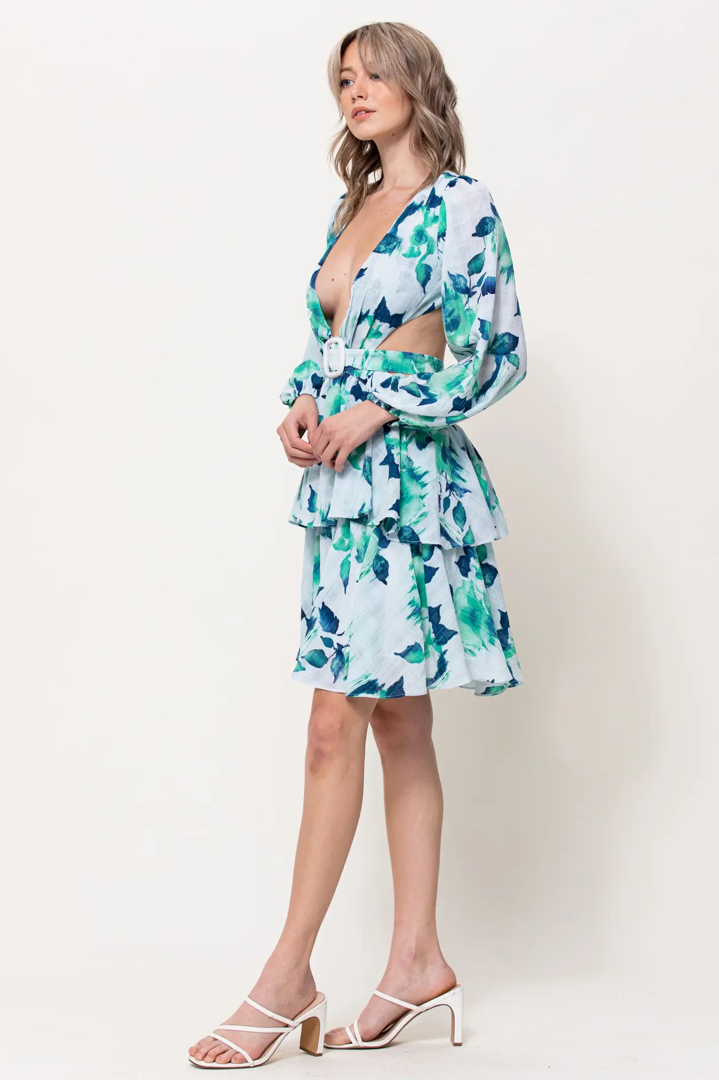 Front Buckle Detail Cut Out Mini Dress-Neon Blush-S-Green-Urbanheer