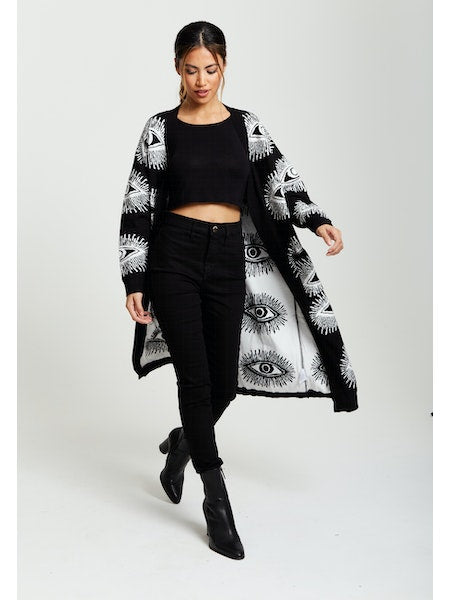 Liquorish Eye Pattern Longline Cardigan in Black-Clothing - Women-Liquorish-S-Urbanheer