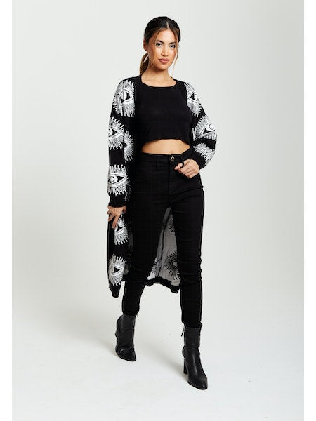 Liquorish Eye Pattern Longline Cardigan in Black-Clothing - Women-Liquorish-S-Urbanheer