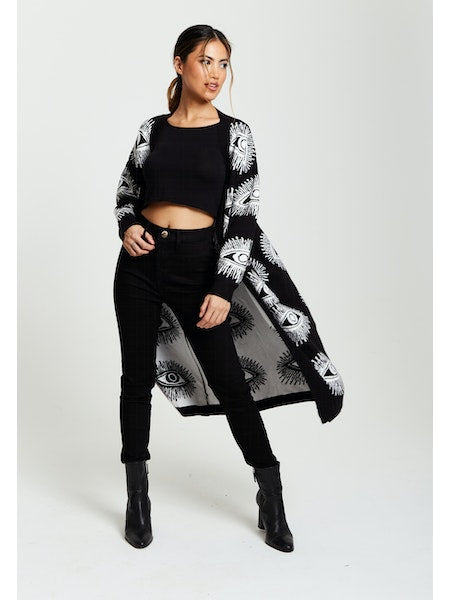 Liquorish Eye Pattern Longline Cardigan in Black-Clothing - Women-Liquorish-S-Urbanheer